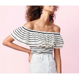 J. Crew Black and White Off-Shoulder Ruffle Blouse